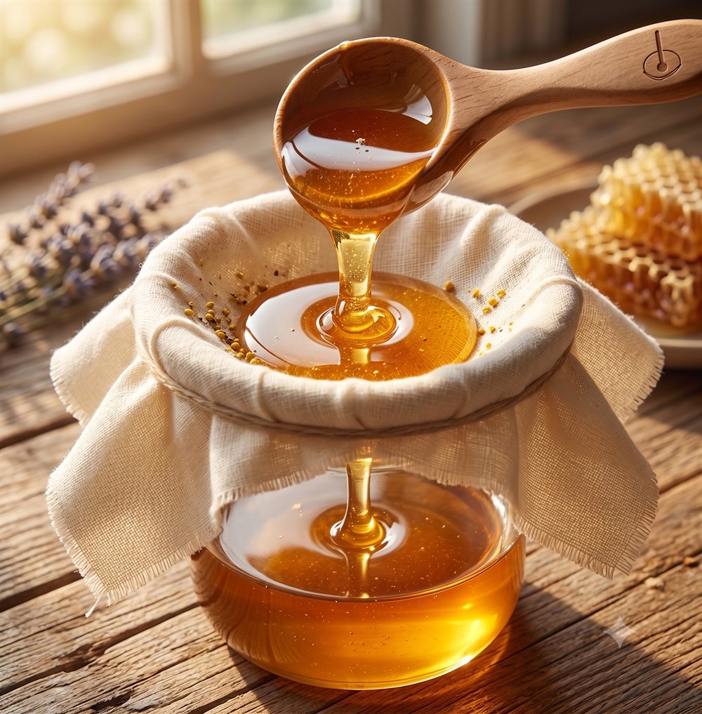 Cloth filtered pure natural raw honey pouring into glass jar
