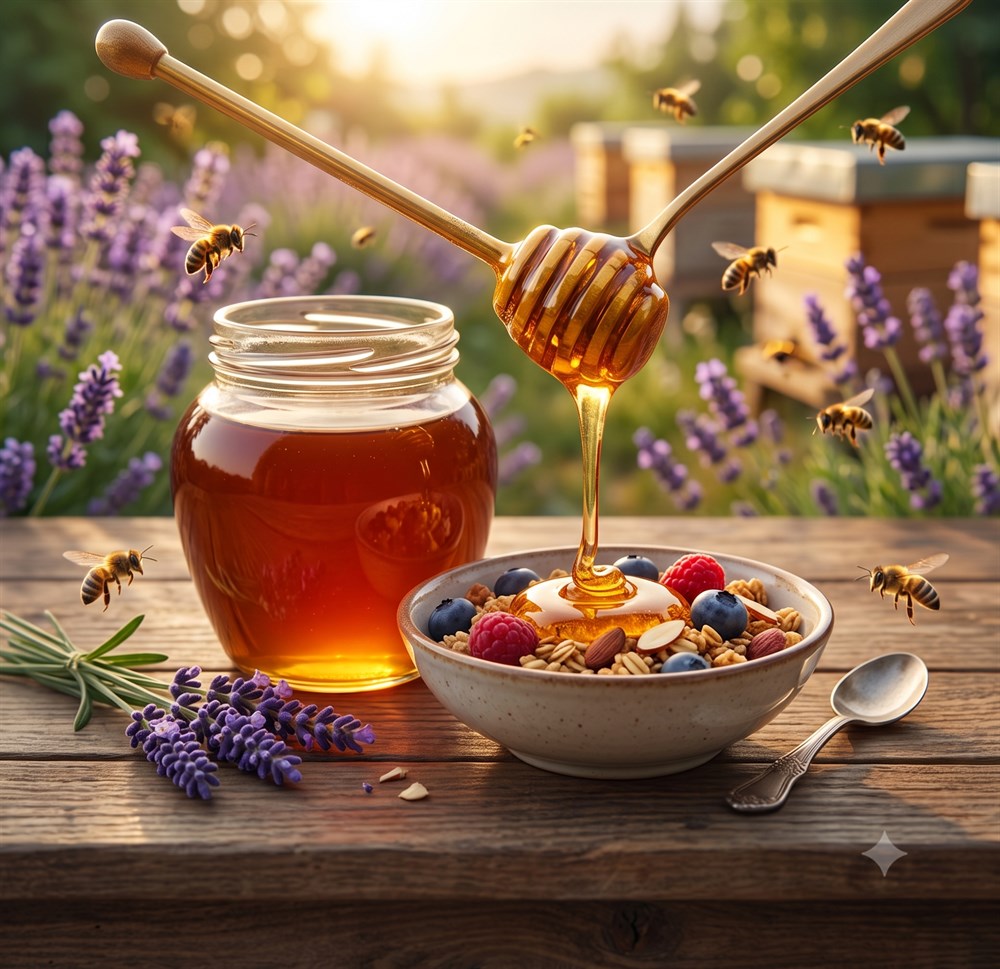 Sweet and healthy pure honey with honey dipper and berry breakfast bowl