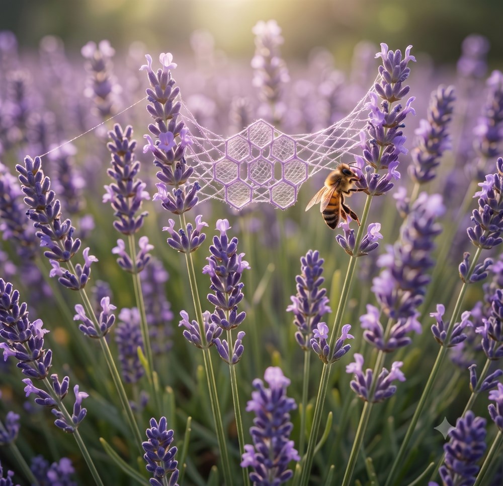 Wild & natural pure honey in lavender meadow with honeybee